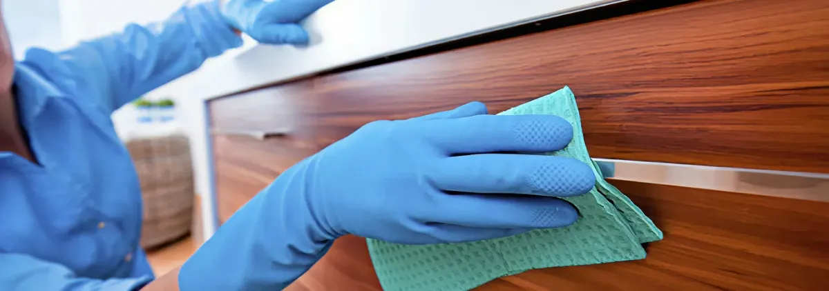 Cleaner wearing blue gloves wiping a wooden cabinet drawer with a microfiber cloth for dust and grime removal, San Jose, CA.