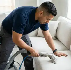 Professional upholstery cleaning technician using an extraction wand to deep-clean a fabric sofa, San Jose, CA.